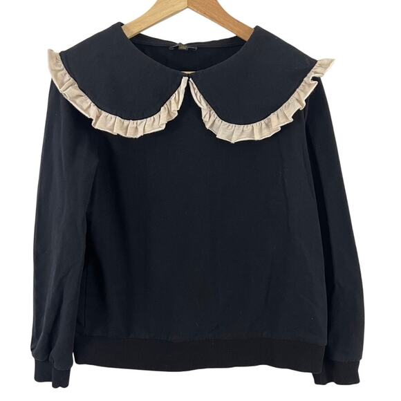 Anthro Current Air Collared Ruffle Sweatshirt Women Size Medium Black - Picture 2 of 10